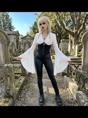 White Bell-Sleeve Gothic Blouse with Corset Detail